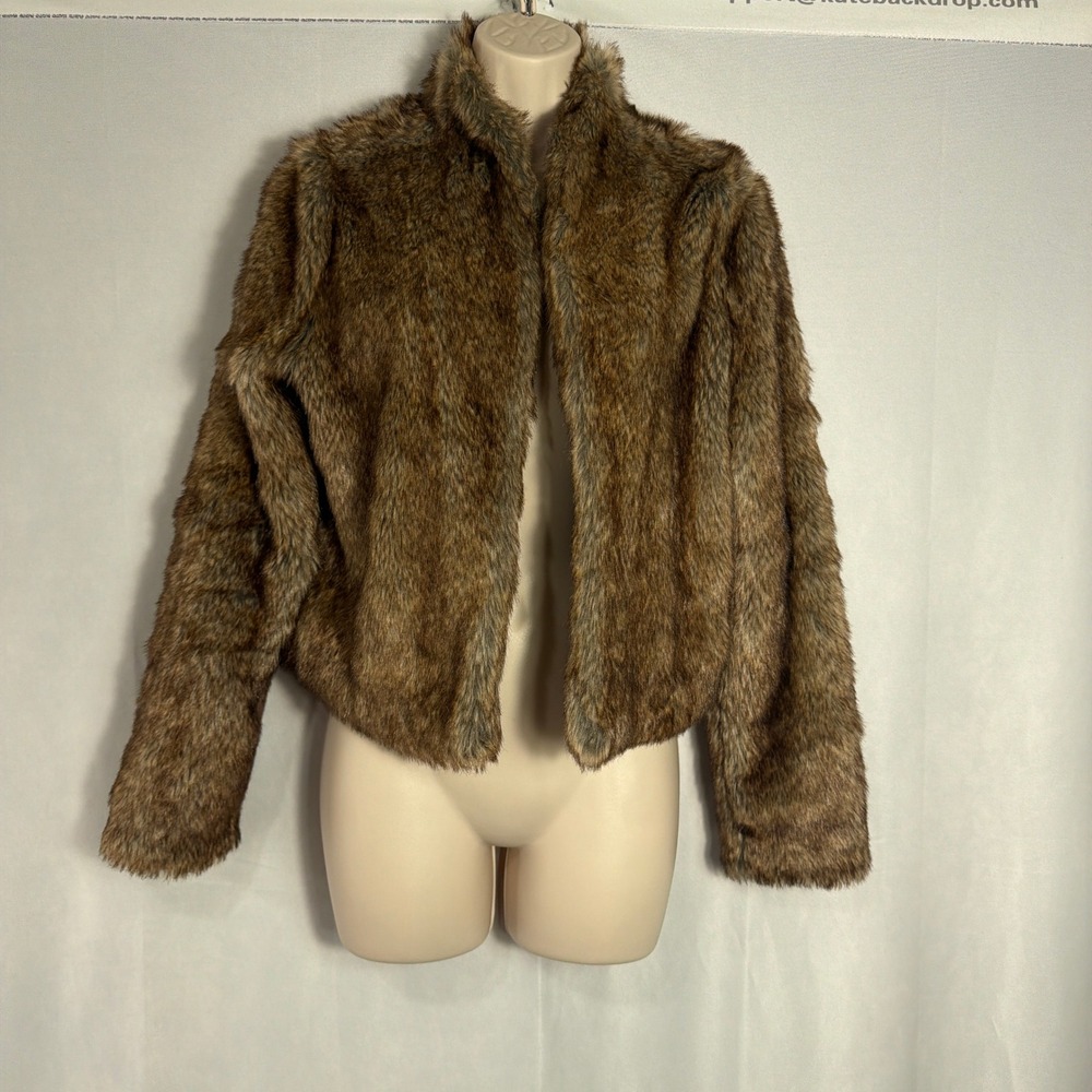 Hollister Jacket Faux Fur Cropped Shaggy Open Front Brown Medium Womens